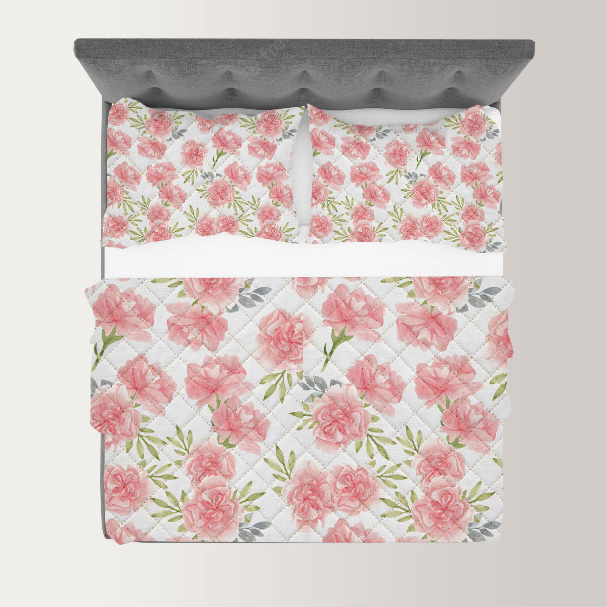 Watercolor Pink Carnation Flower Quilt Set