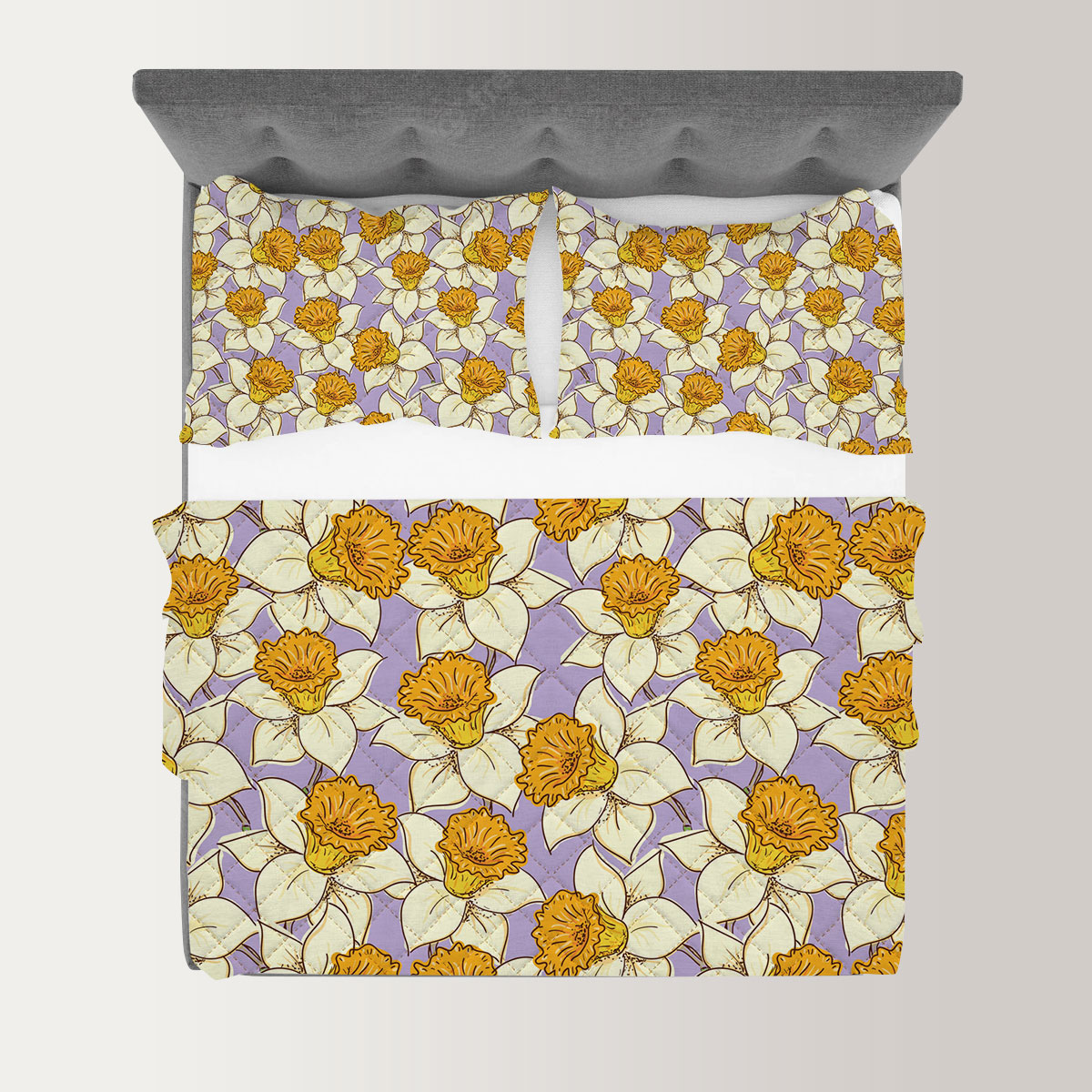 White Daffodils On Purple Background Quilt Set