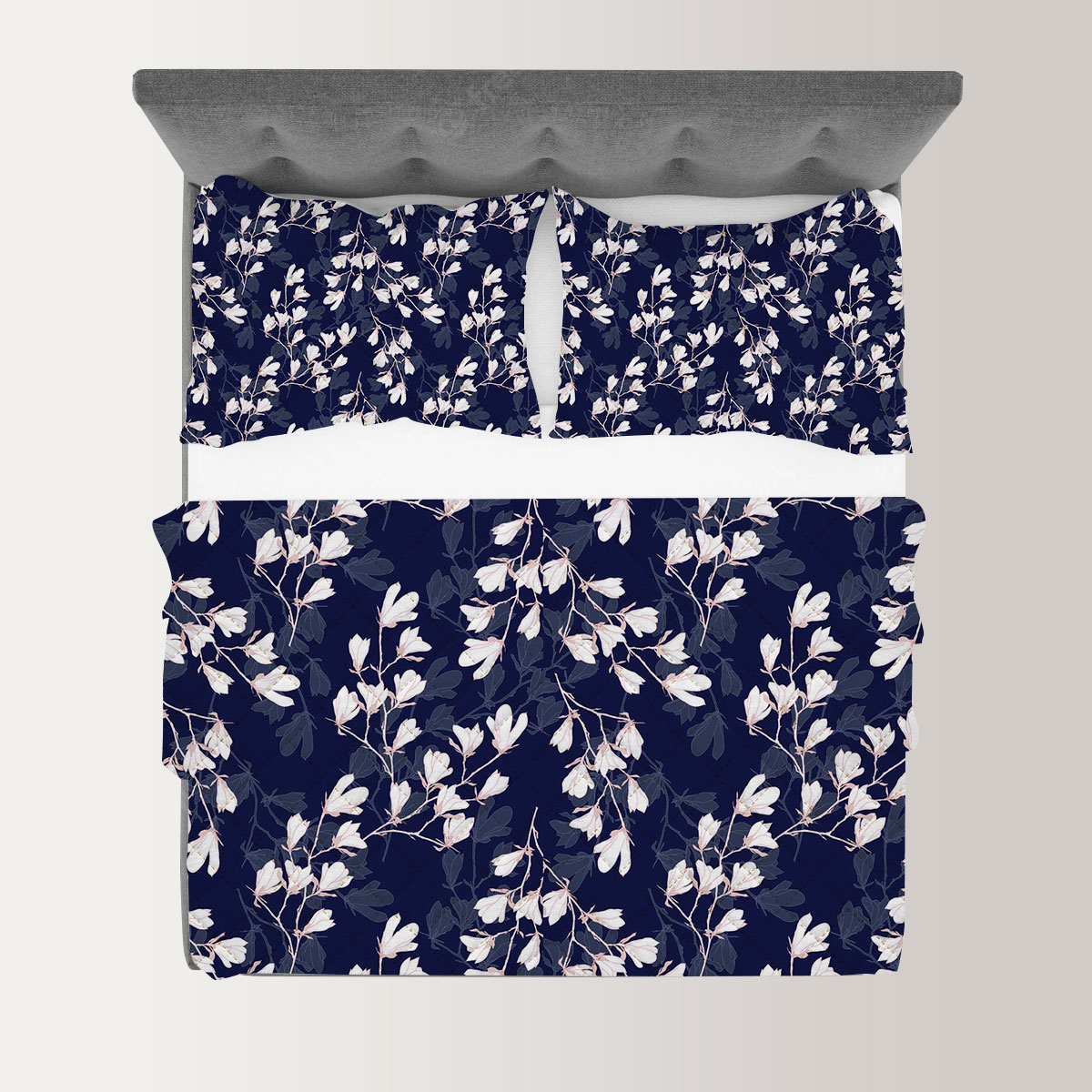 White Magnolia Flower On Dark Blue Background Quilt Set