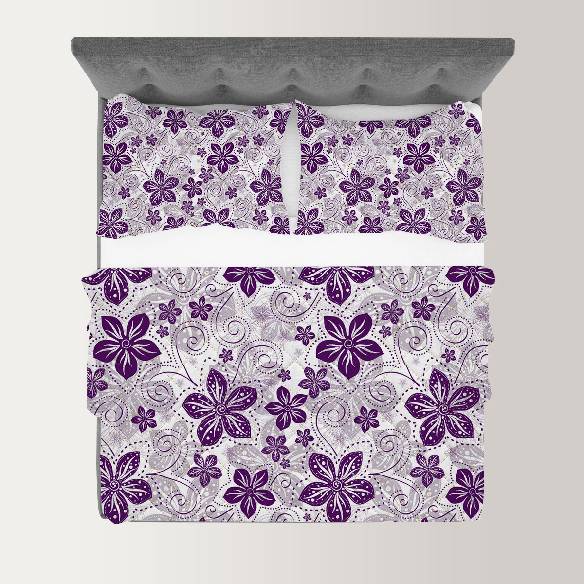 White Violet Floral Pattern Quilt Set
