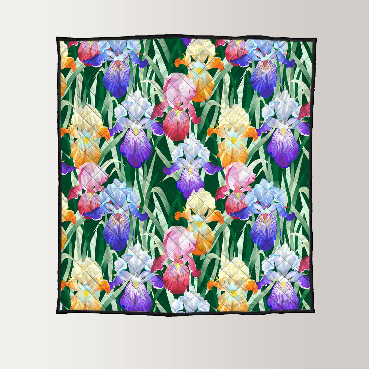 Colorful Iris Flowers And Green Leaves Quilt