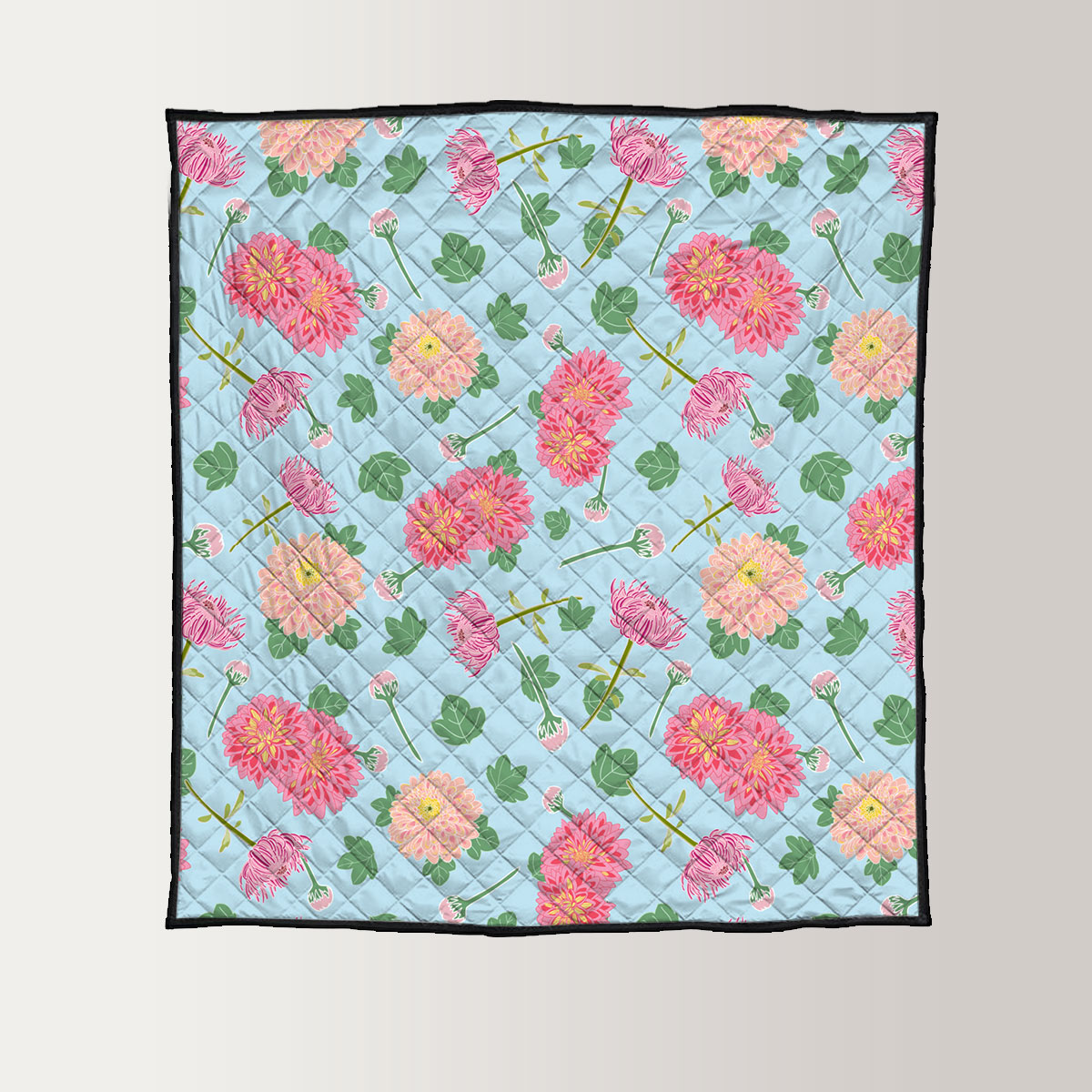 Pink Chrysanthemum Flowers And Leaves Quilt