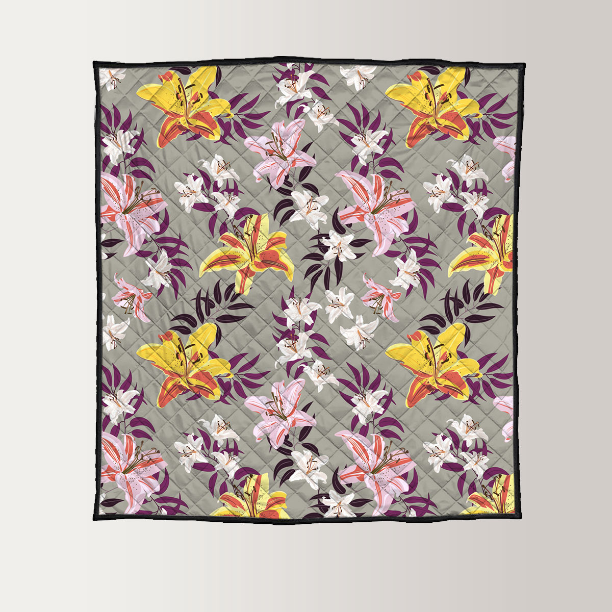 Vintage Lily Flower On Gray Background Quilt
