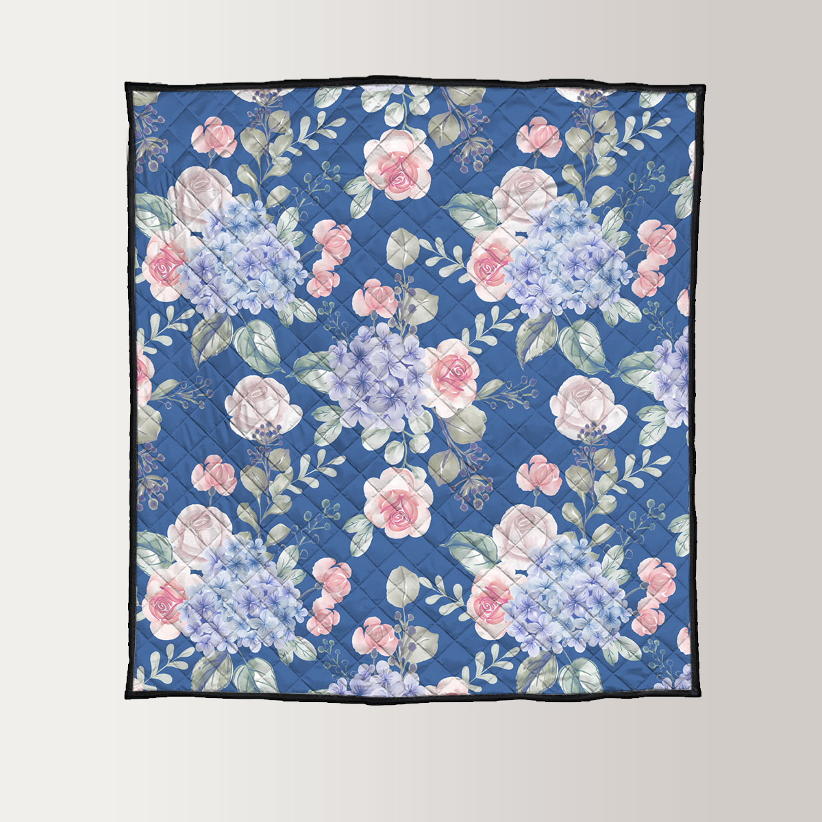 Watercolor Flower Hydrangea And Leaves Blue Quilt