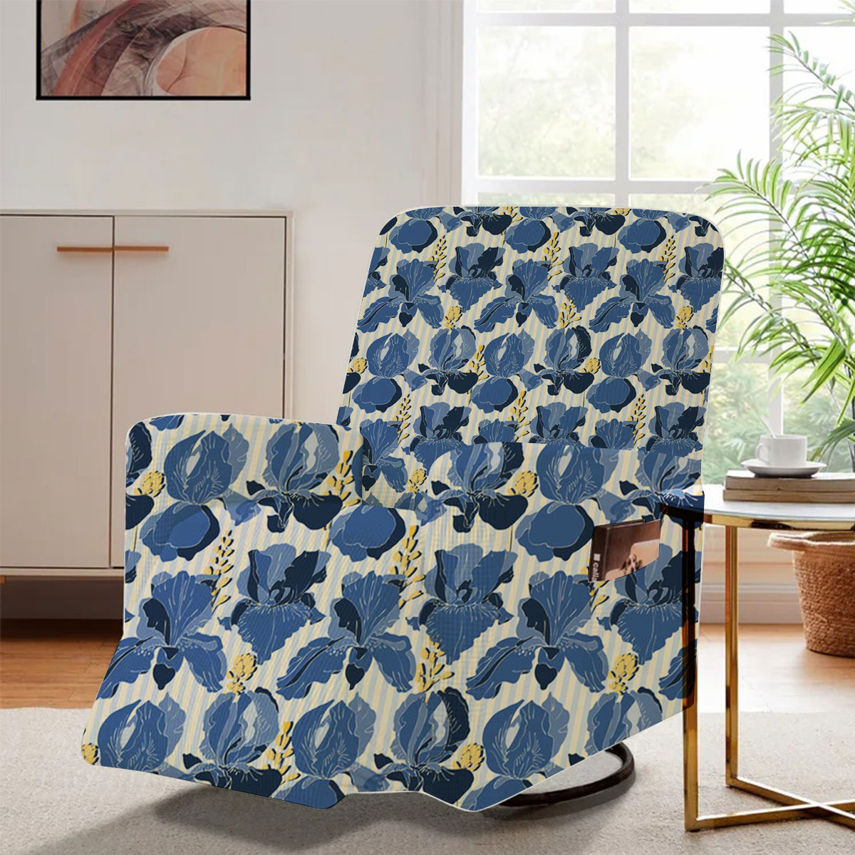 Blue Iris Flowers Isolated On A Light White And Yellow Striped Recliner Slipcover
