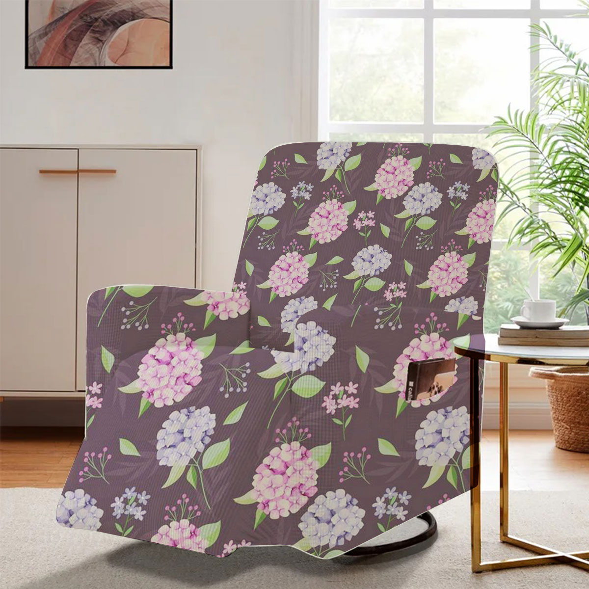 Blue Pink Hydrangea On Brown Background Recliner Slipcover