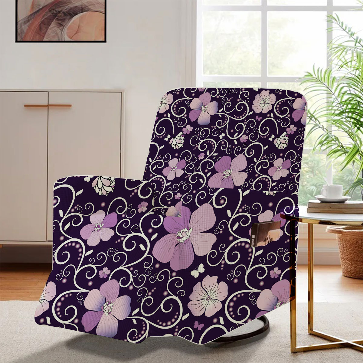 Dark Violet Floral Recliner Slipcover