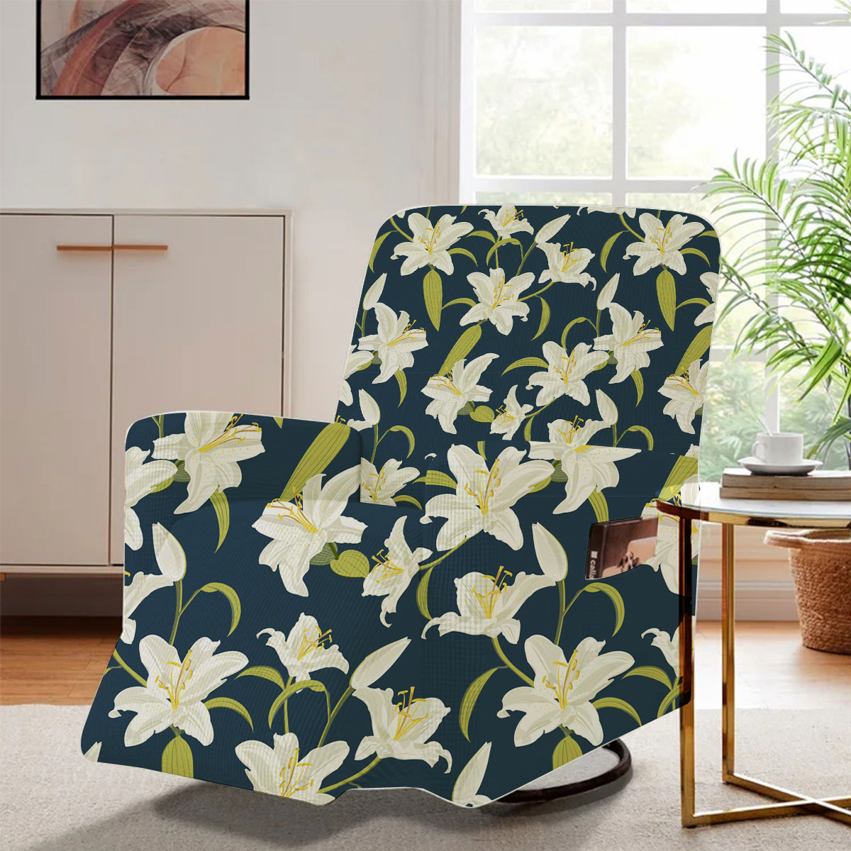 Lily Seamless Pattern On Blue Background Recliner Slipcover