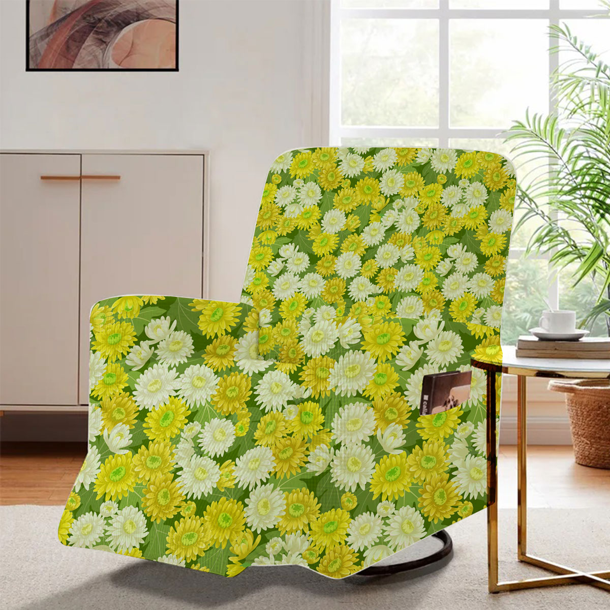 Seamless Yellow White Chrysanthemum Flowers Pattern Recliner Slipcover