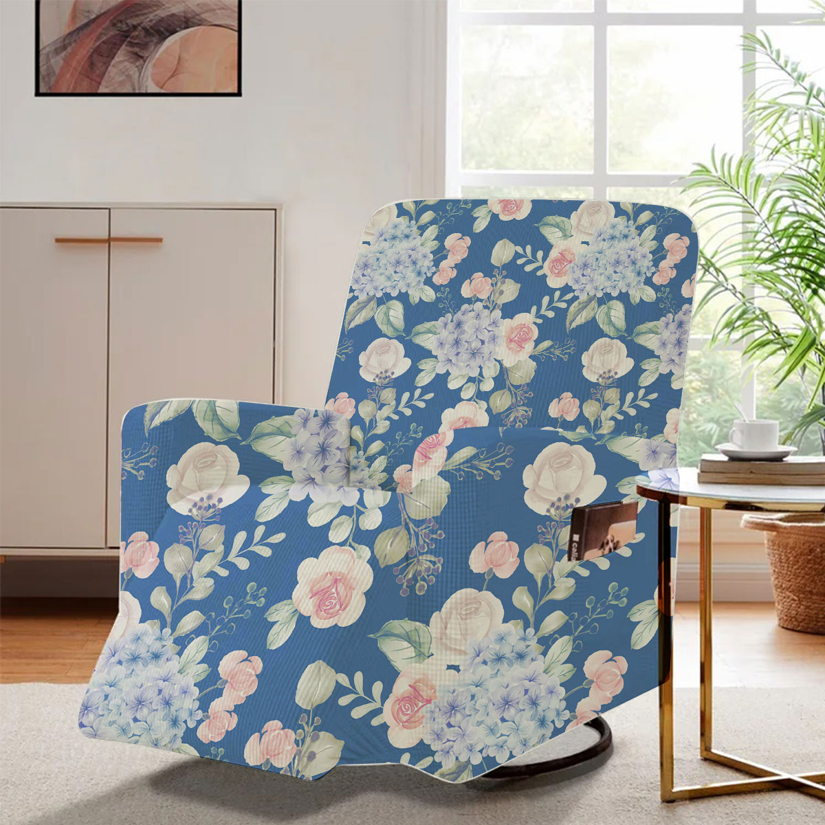 Watercolor Flower Hydrangea And Leaves Blue Recliner Slipcover