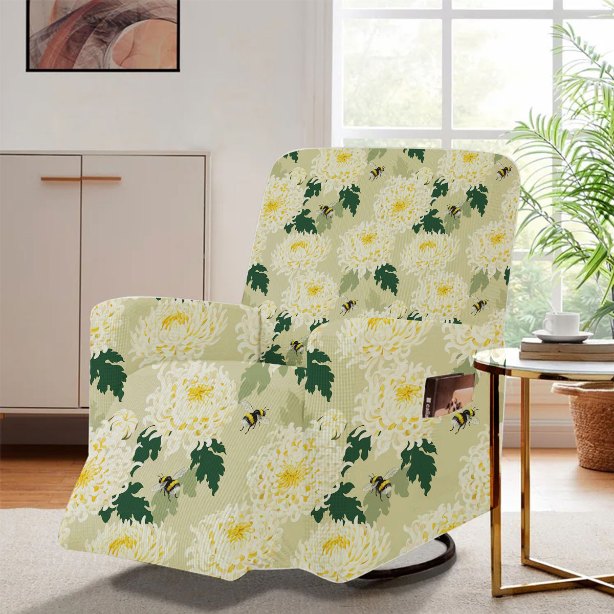 White Chrysanthemums And Bee Recliner Slipcover
