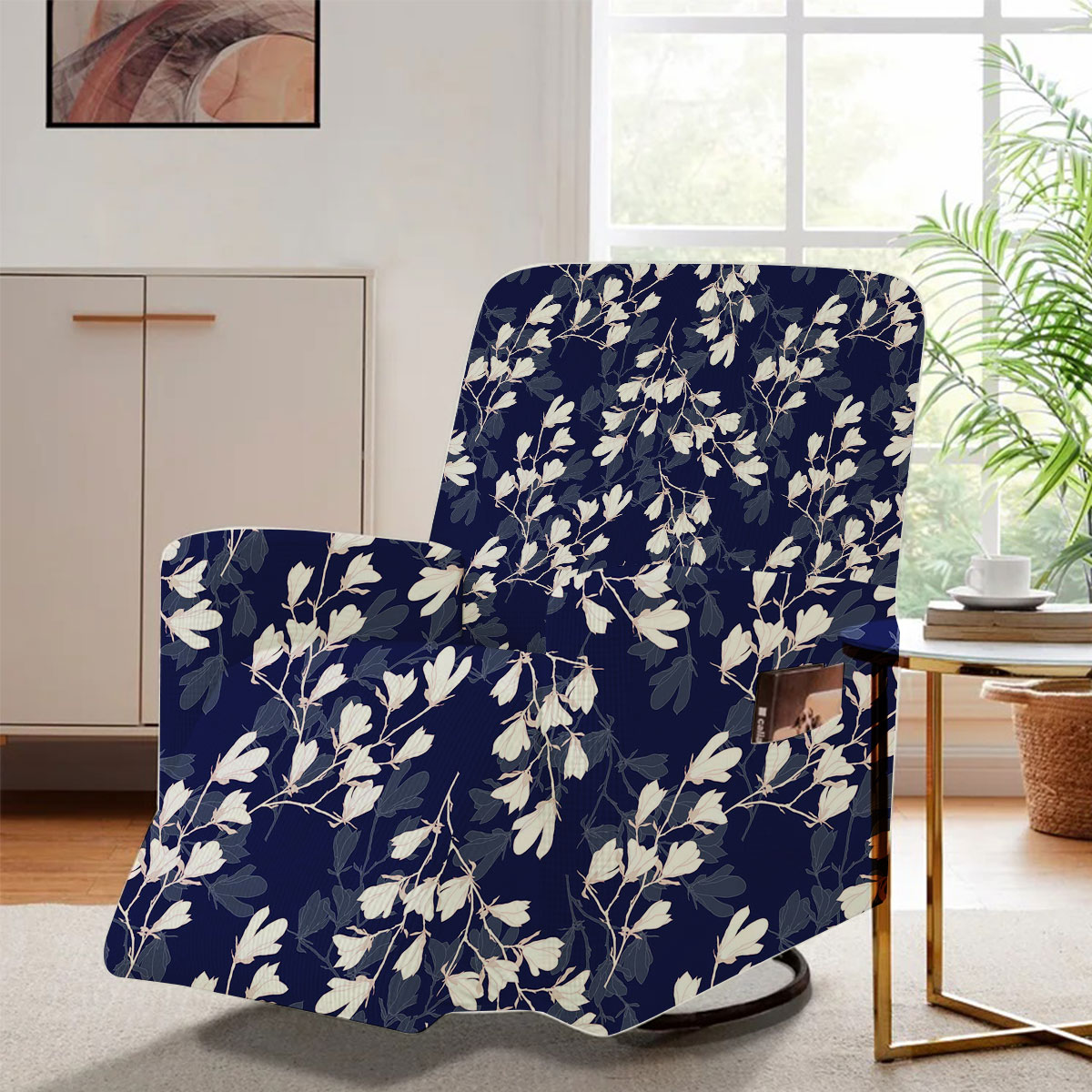 White Magnolia Flower On Dark Blue Background Recliner Slipcover