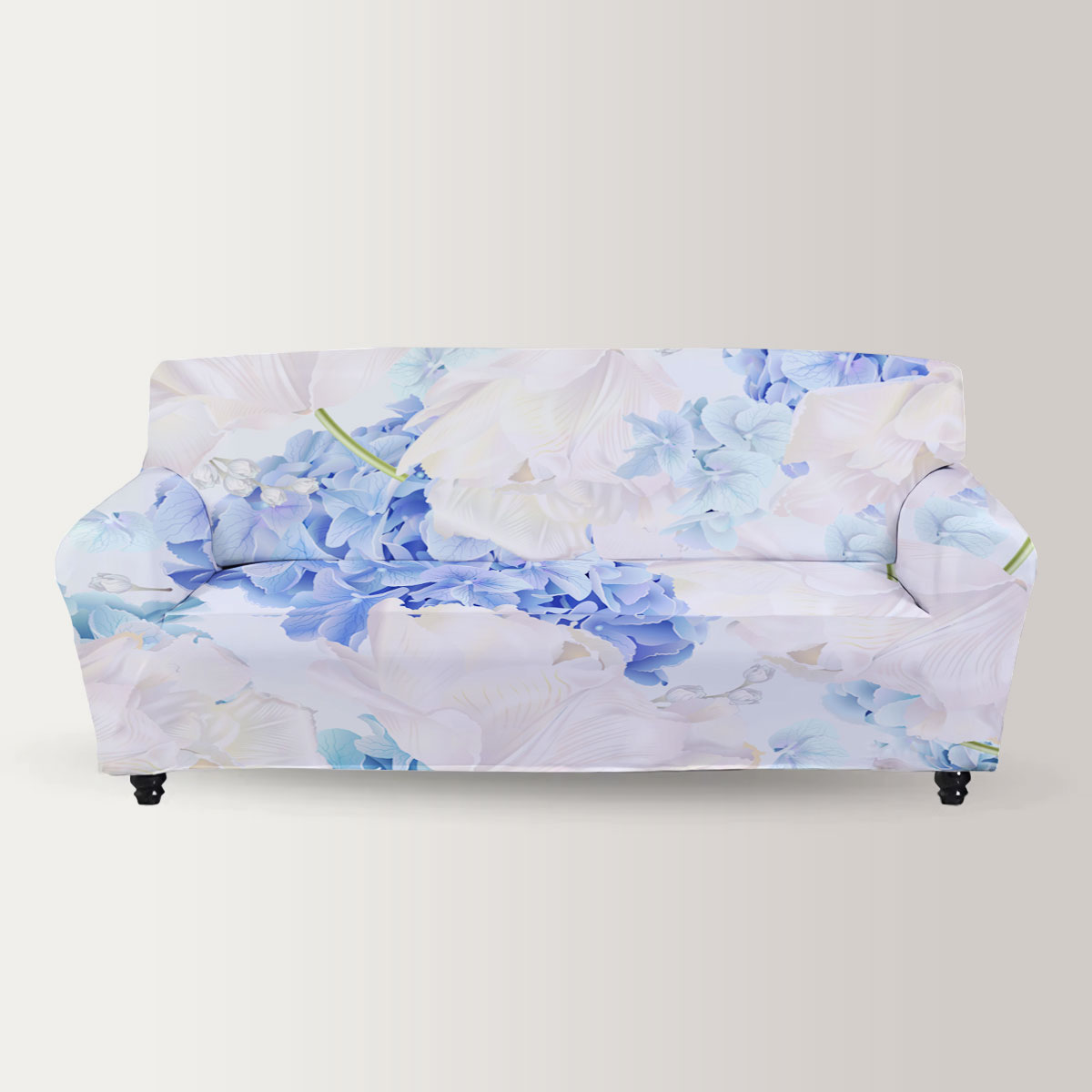 Blue And White Hydrangea Flowers On Blue Background Sofa Cover