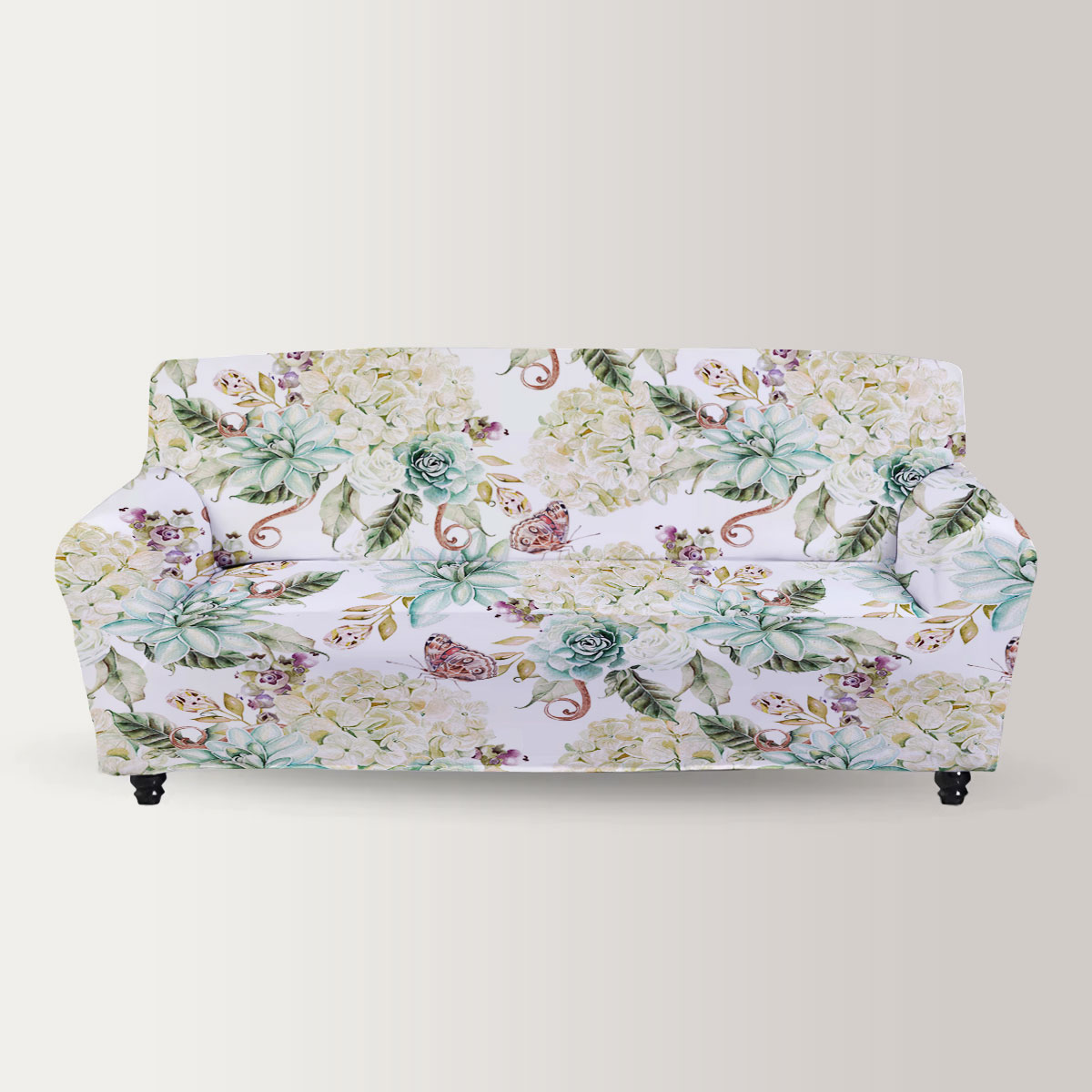 Bright Watercolor With Flowers Hydrangea, Rose And Succulents Sofa Cover