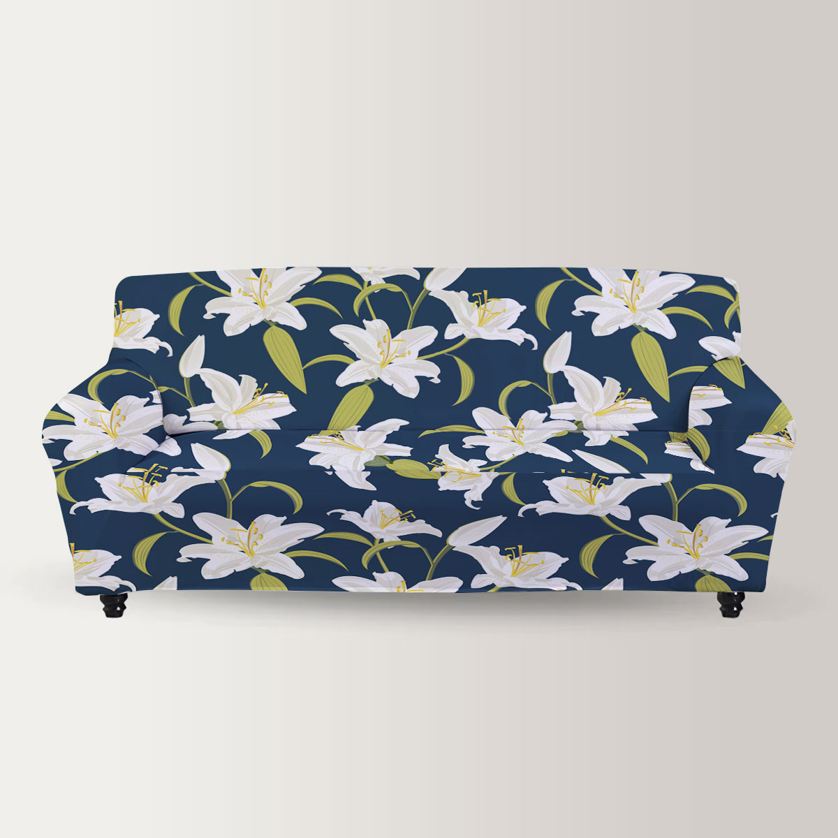 Lily Seamless Pattern On Blue Background Sofa Cover