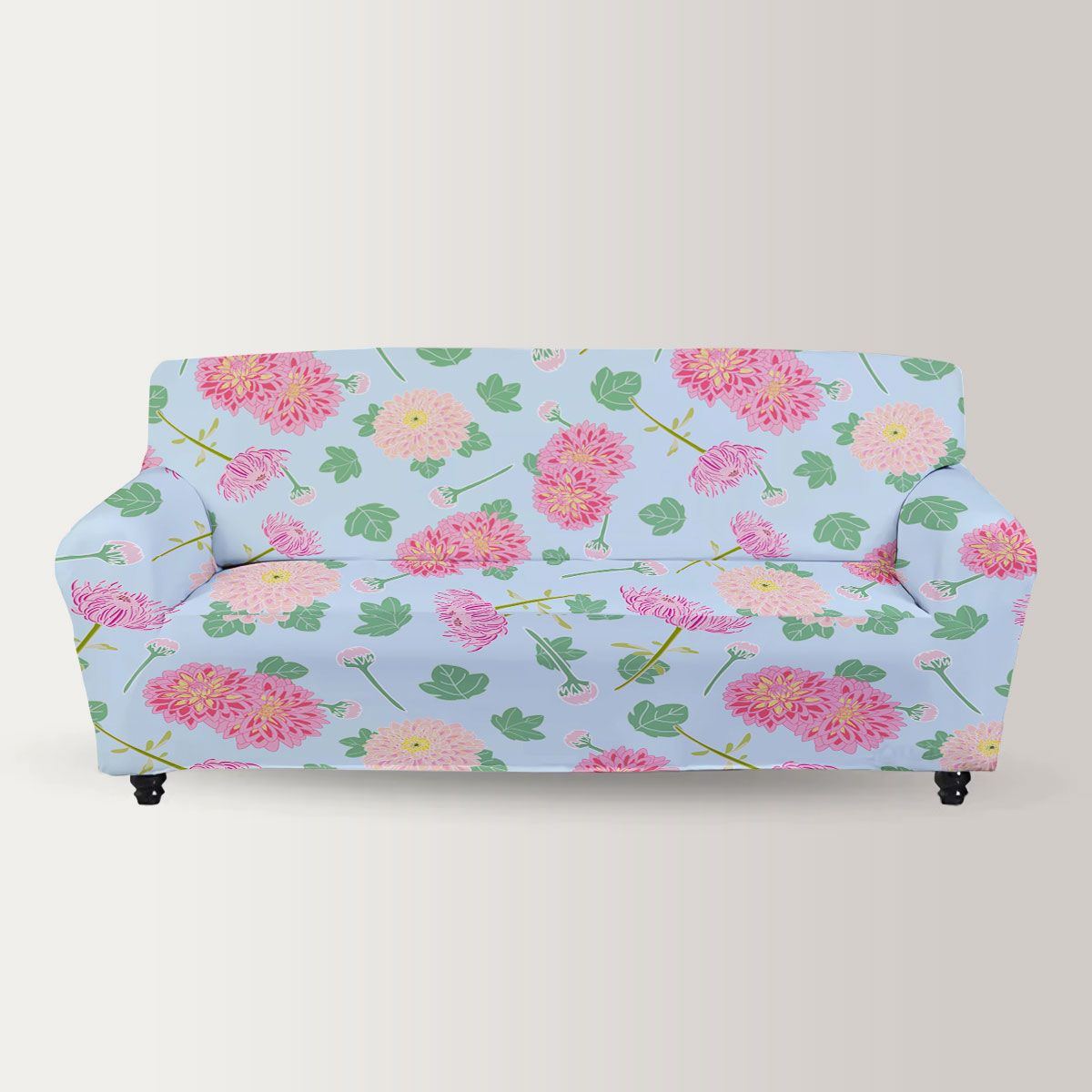 Pink Chrysanthemum Flowers And Leaves Sofa Cover