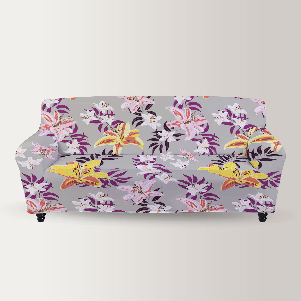 Vintage Lily Flower On Gray Background Sofa Cover