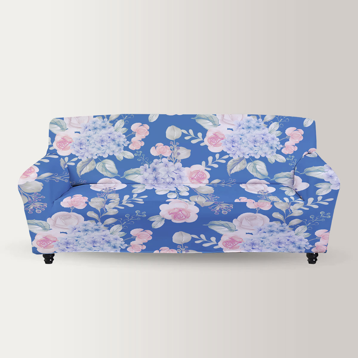 Watercolor Flower Hydrangea And Leaves Blue Sofa Cover