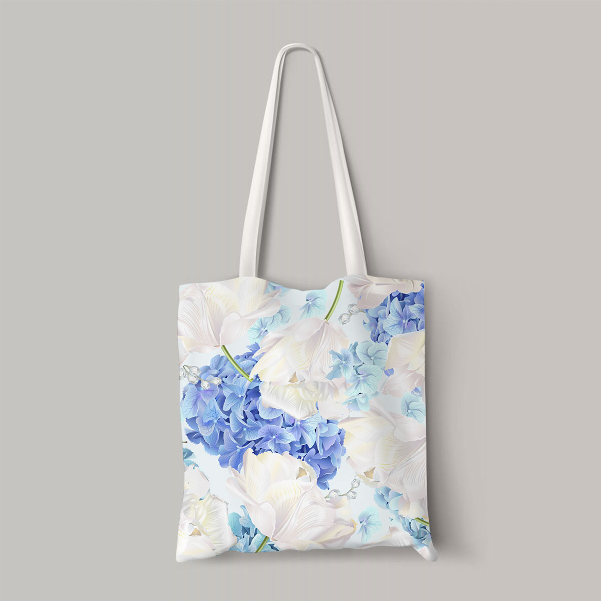 Blue And White Hydrangea Flowers On Blue Background Totebag
