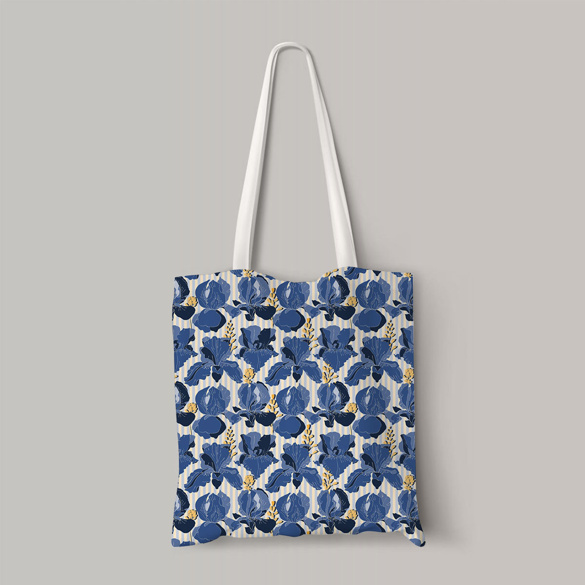 Blue Iris Flowers Isolated On A Light White And Yellow Striped Totebag