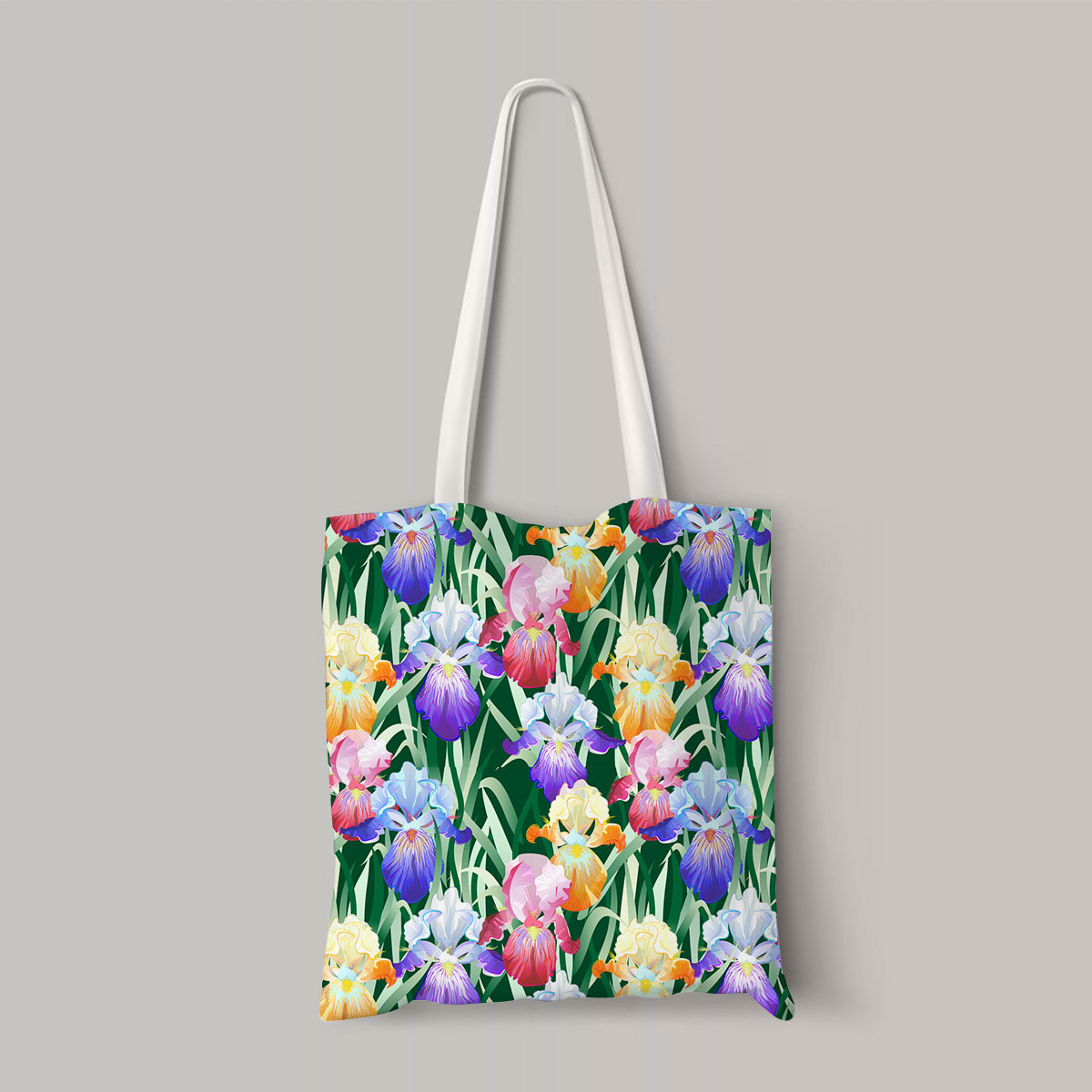 Colorful Iris Flowers And Green Leaves Totebag