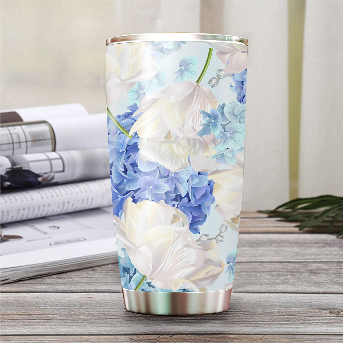 Blue And White Hydrangea Flowers On Blue Background Tumbler