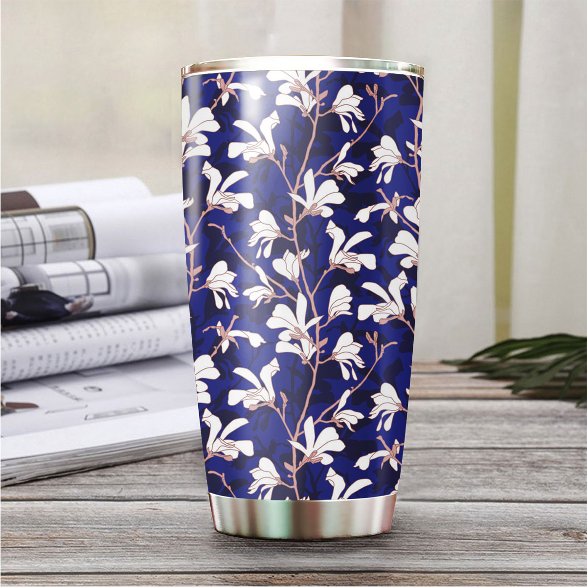 Blue Floral Background With White Magnolia Flower Tumbler
