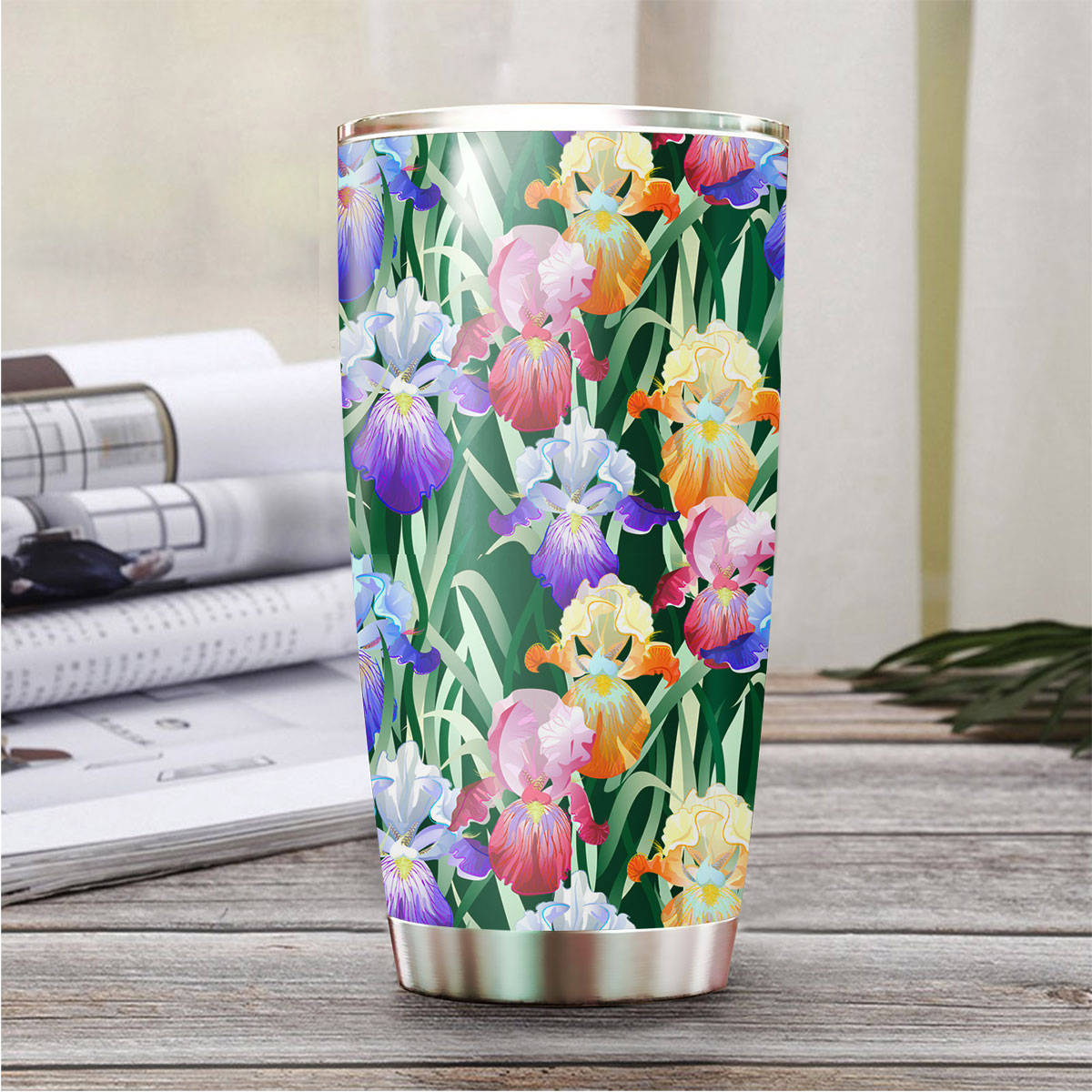 Colorful Iris Flowers And Green Leaves Tumbler