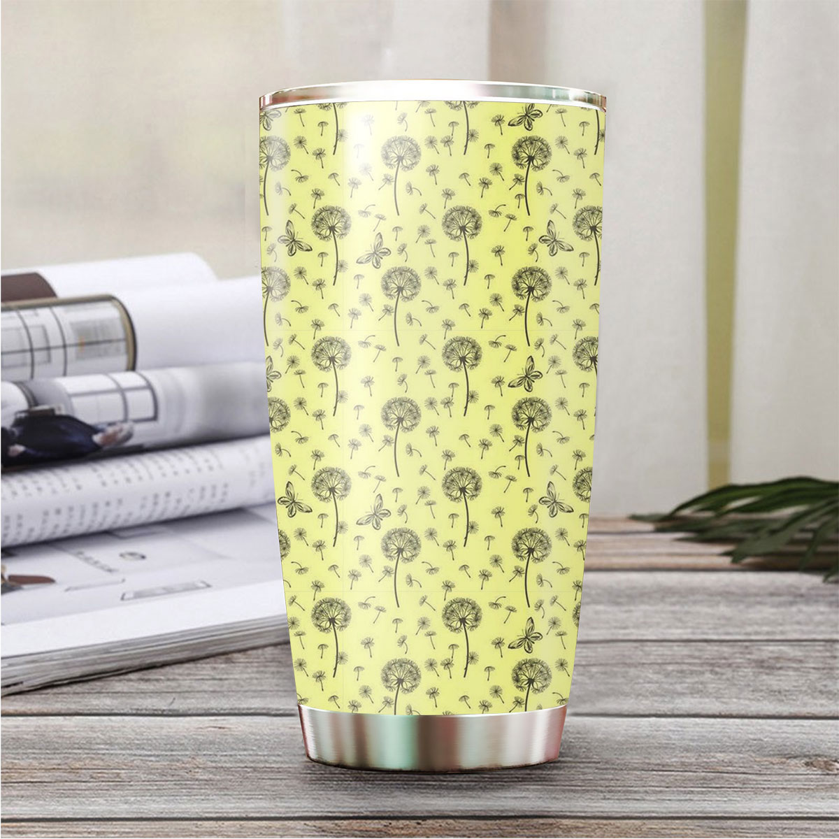Dandelions And Butterflies On Yellow Background Tumbler
