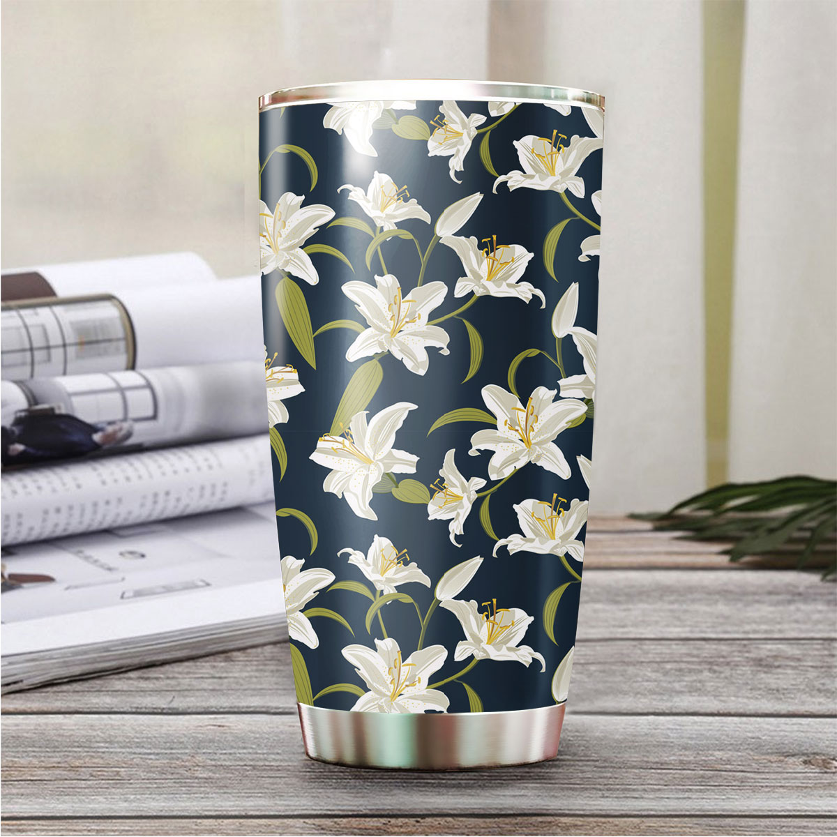 Lily Seamless Pattern On Blue Background Tumbler