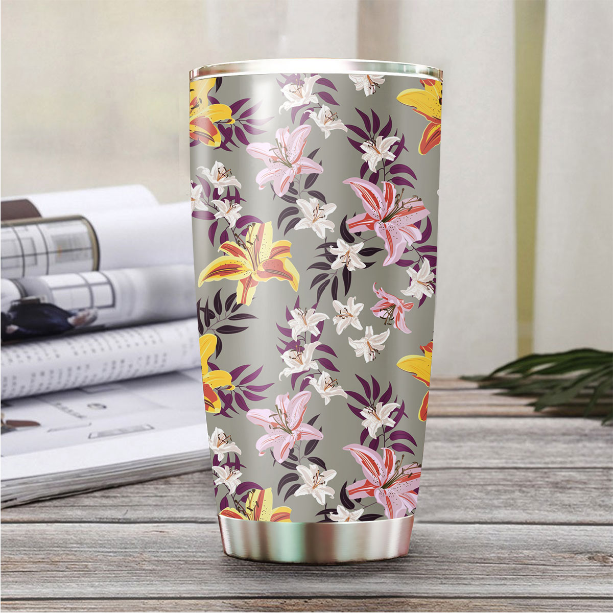 Vintage Lily Flower On Gray Background Tumbler