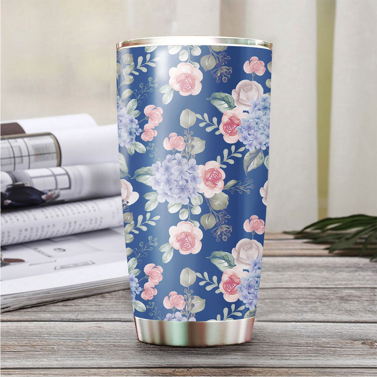 Watercolor Flower Hydrangea And Leaves Blue Tumbler