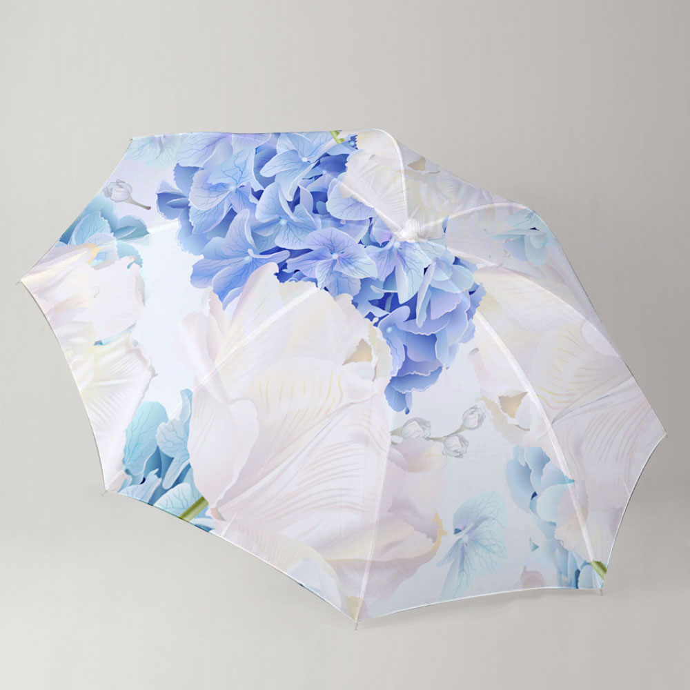 Blue And White Hydrangea Flowers On Blue Background Umbrella