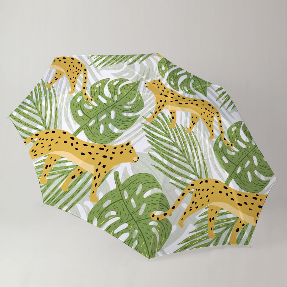 Cartoon Tropical Leaf Jaguar Umbrella
