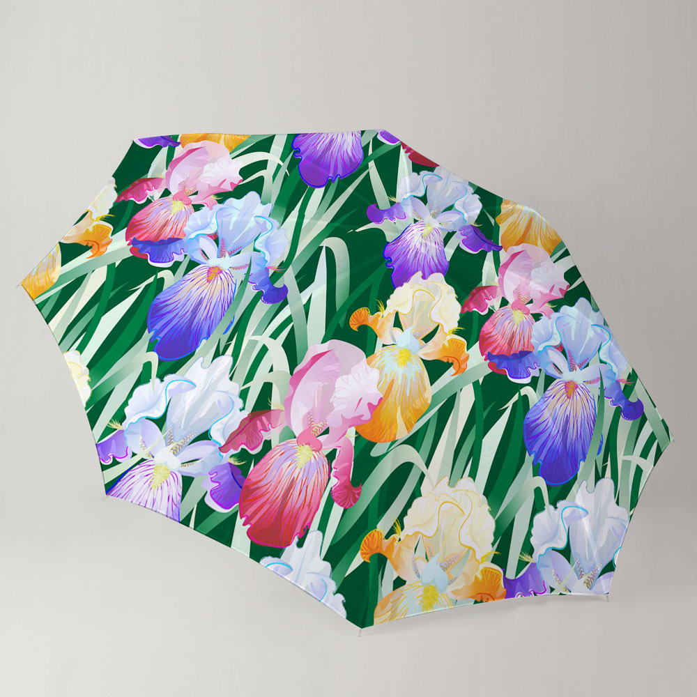 Colorful Iris Flowers And Green Leaves Umbrella