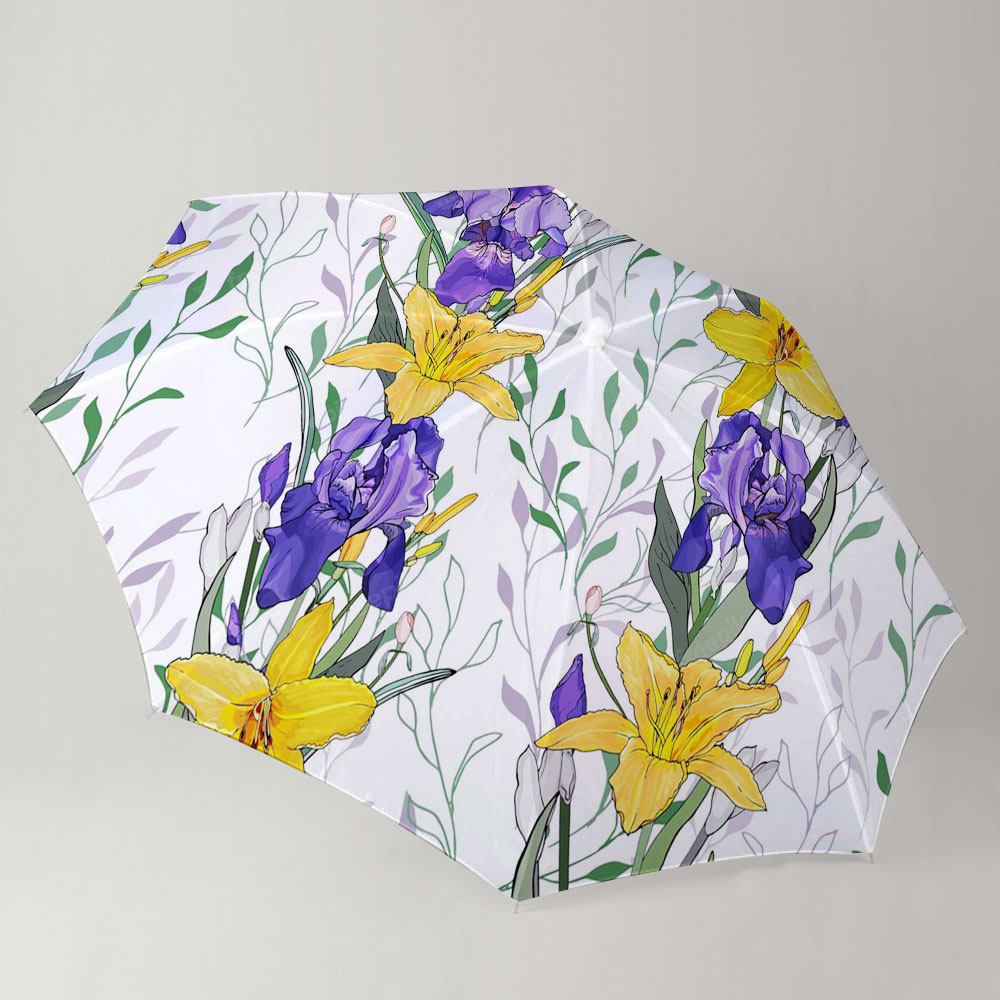 Flowers Purple Irises Yellow Lilies Umbrella