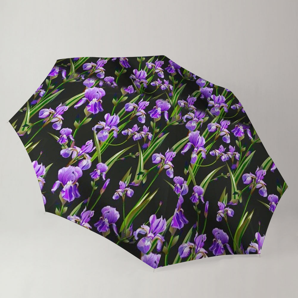 Purple Iris On Black Background Umbrella