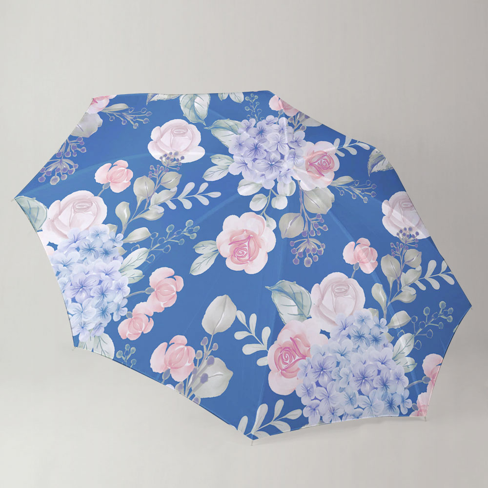 Watercolor Flower Hydrangea And Leaves Blue Umbrella