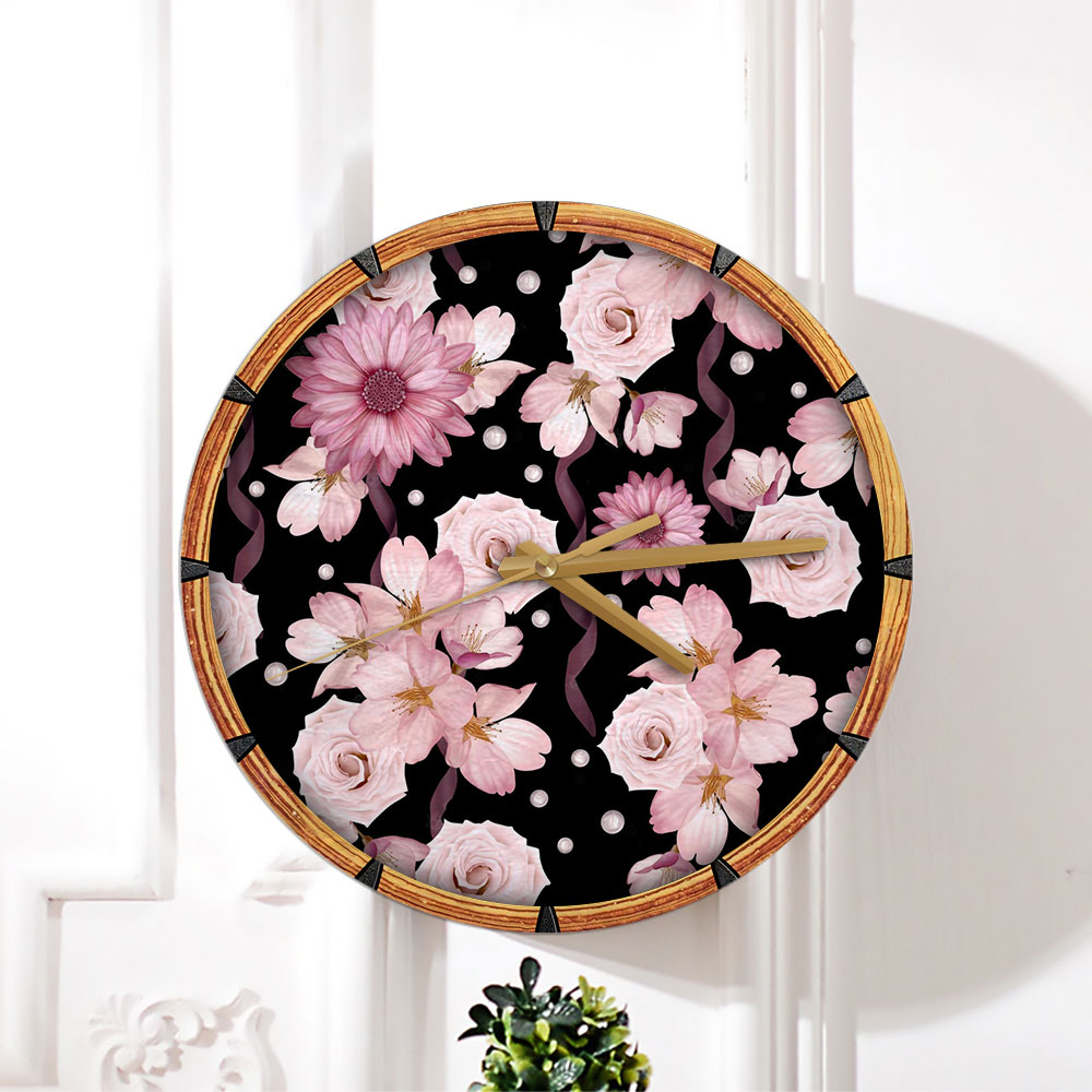 Beautiful Seamless Pattern With Roses And Chrysanthemum Wall Clock