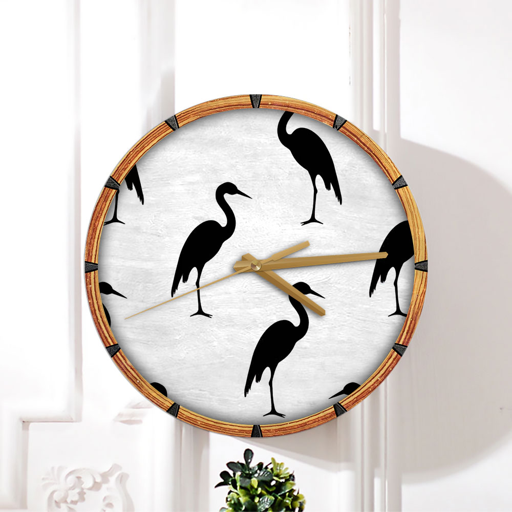 Black And White Heron Art Wall Clock
