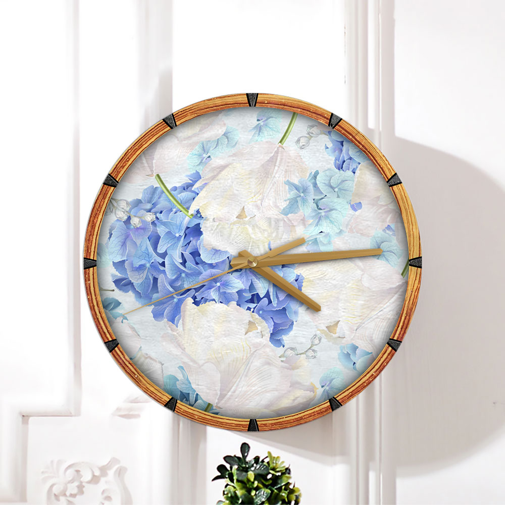 Blue And White Hydrangea Flowers On Blue Background Wall Clock