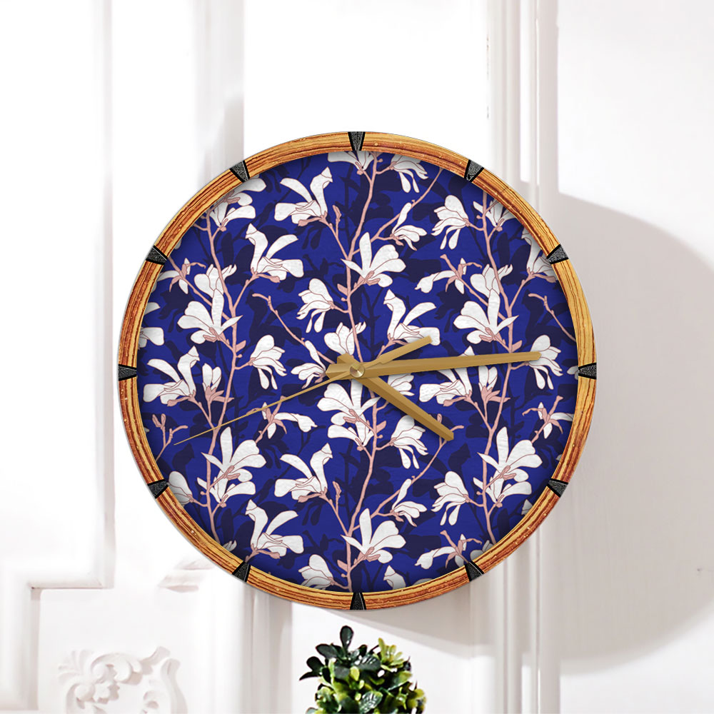 Blue Floral Background With White Magnolia Flower Wall Clock