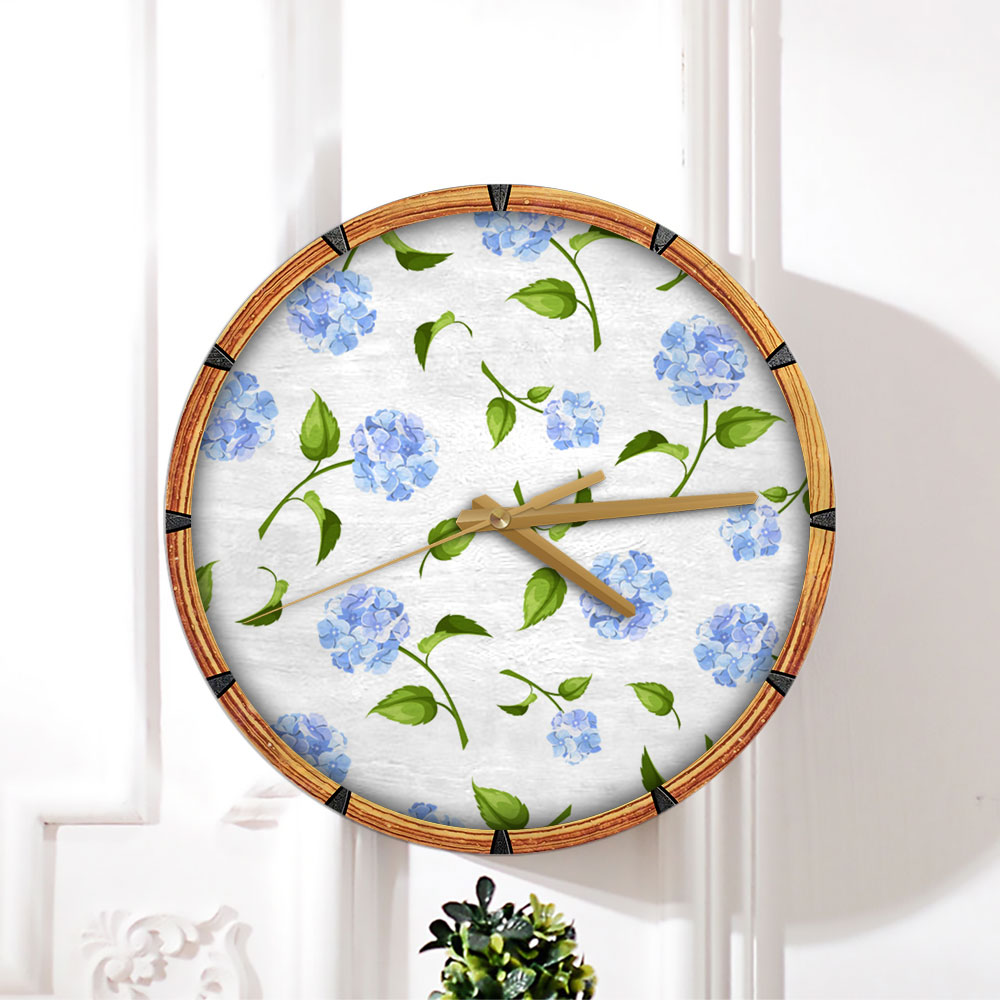 Blue Hydrangea Flowers On A White Background Wall Clock