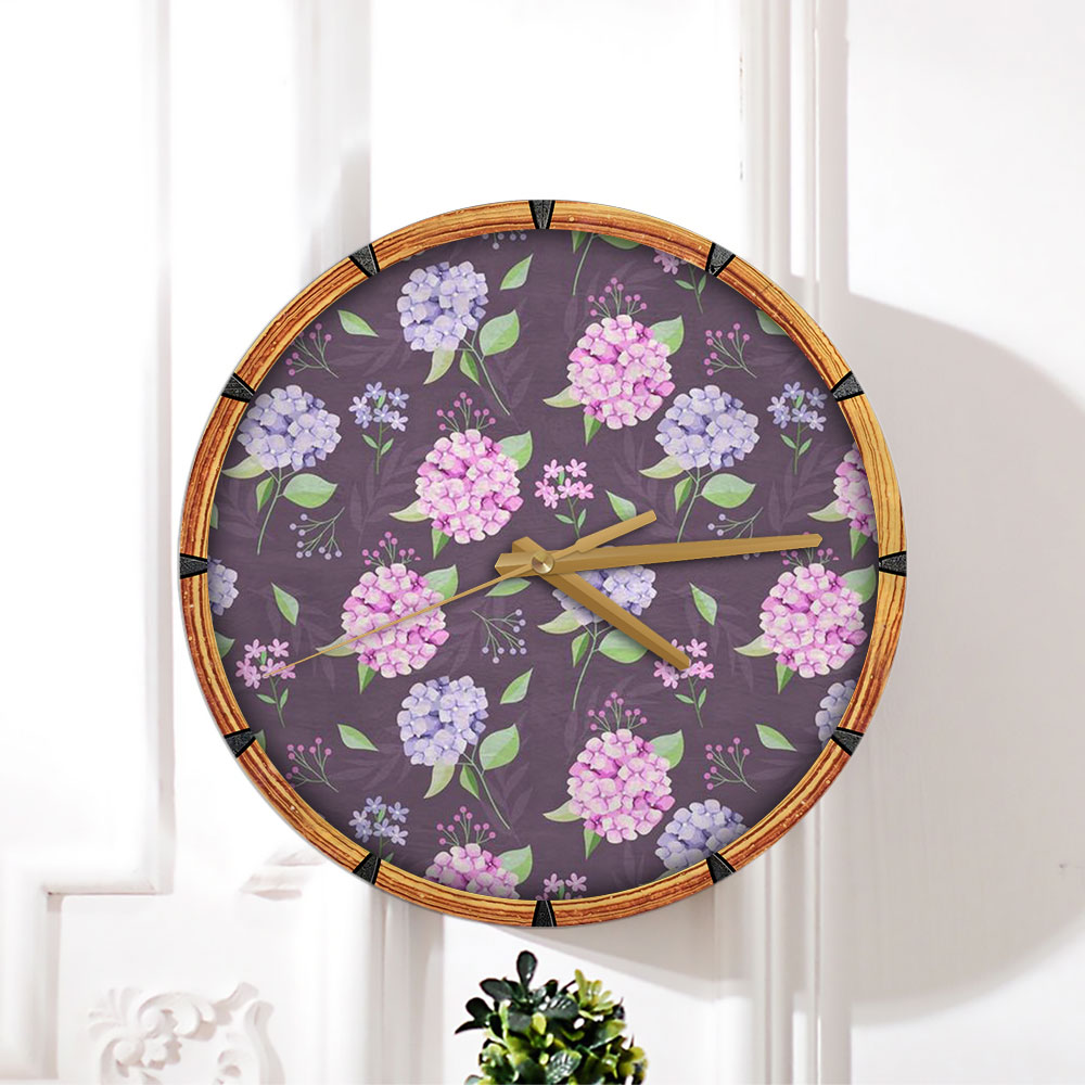 Blue Pink Hydrangea On Brown Background Wall Clock