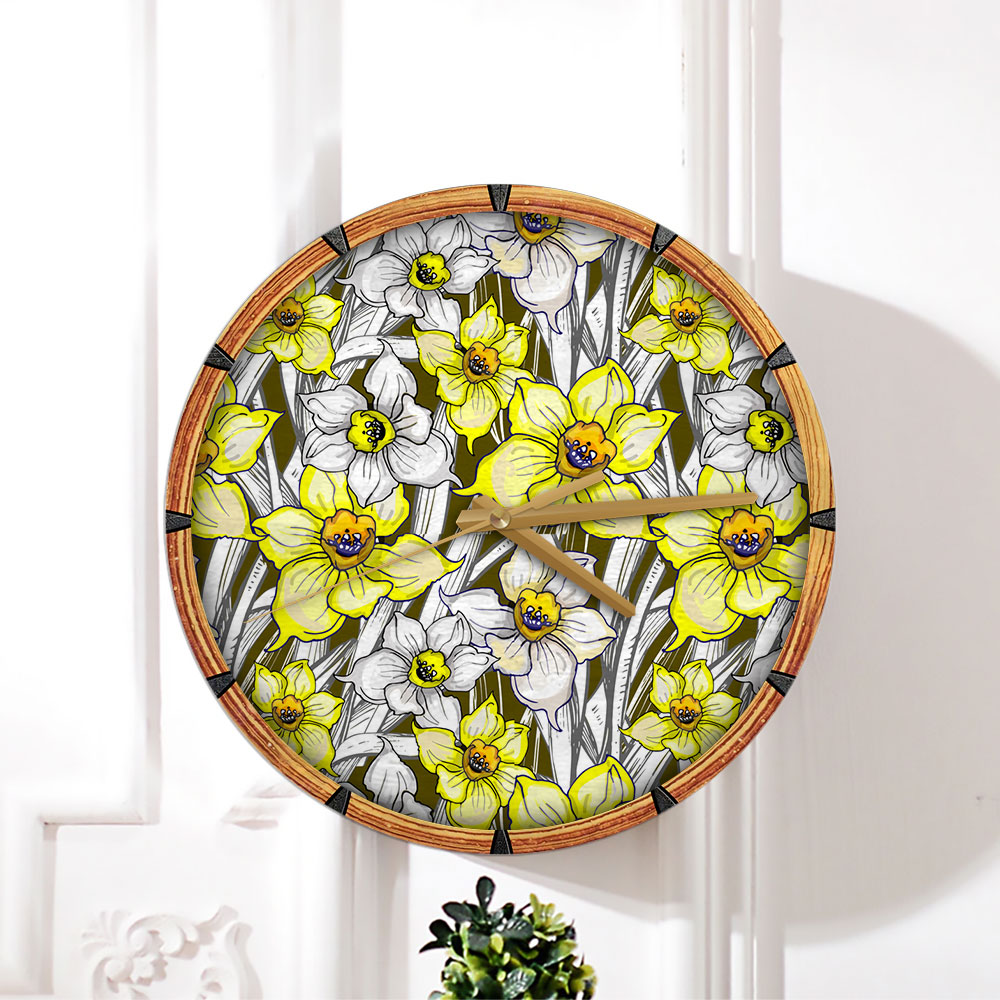 Botanical With Flowers Of Narcissus Daffodil Wall Clock