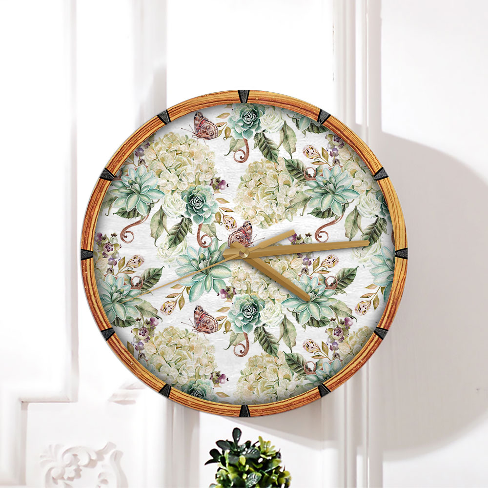Bright Watercolor With Flowers Hydrangea, Rose And Succulents Wall Clock