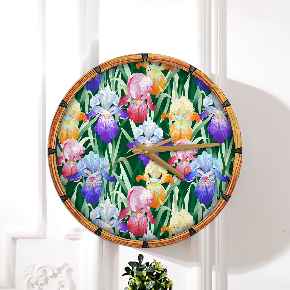 Colorful Iris Flowers And Green Leaves Wall Clock