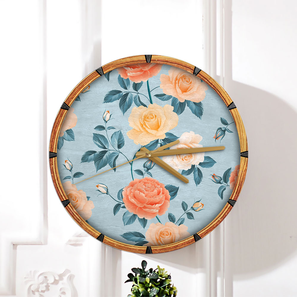 Colorful Seamless Roses and Chrysanthemum Wall Clock