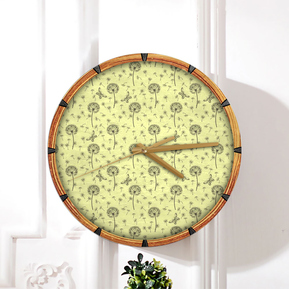 Dandelions And Butterflies On Yellow Background Wall Clock