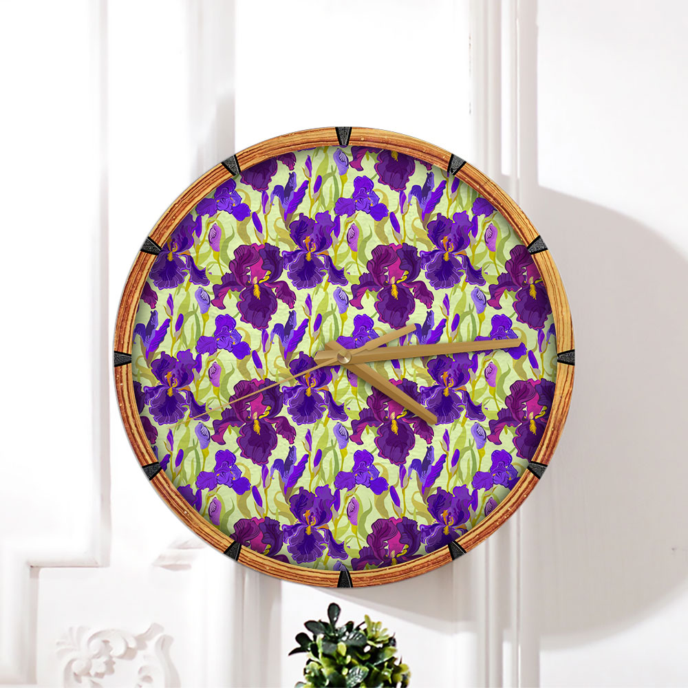 Floral Seamless Pattern Flower Iris Background Wall Clock